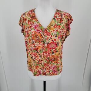 Cynthia Rowley Blouse Womens Medium Floral Ruffle Cap Sleeve Boxy Crop Fit